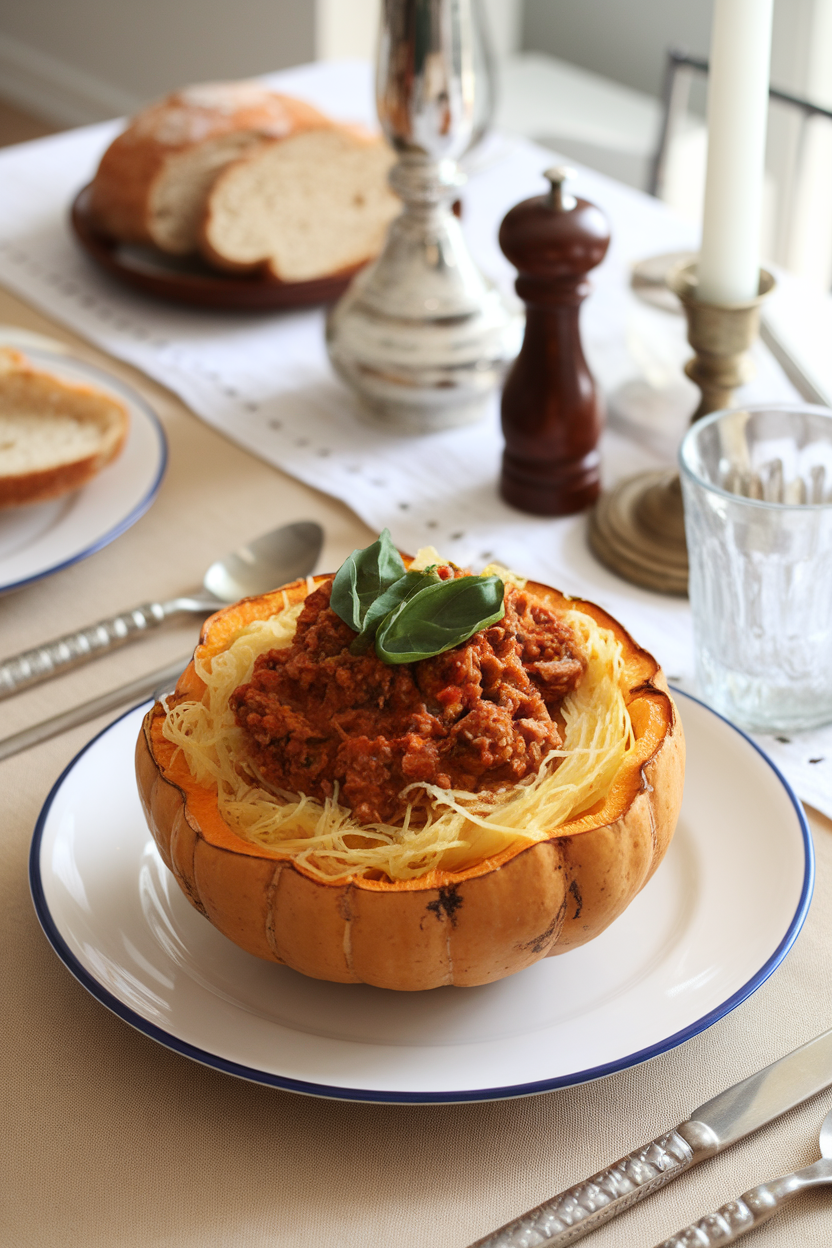 An indoor dining table featuring a bowl of roasted spaghetti squash strands topped with hearty turkey Bolognese sauce and basil ribbons. No text or logos present. Photo.