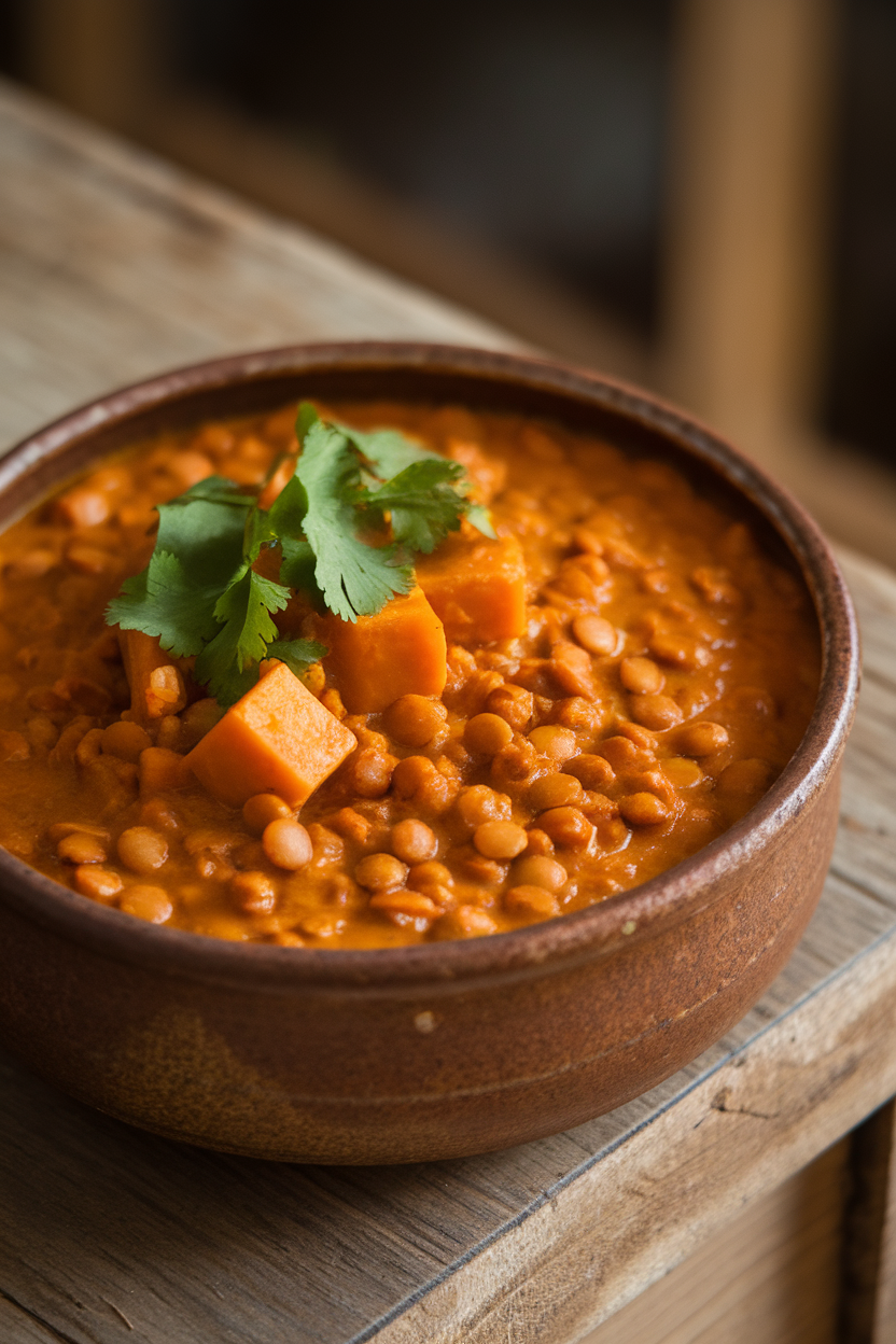 Ceramic bowl of thick orange curry with lentils and cubed sweet potatoes, cilantro garnish, indoor table, no text or logos.