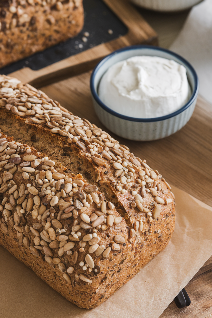 An indoor wooden surface with a loaf speckled generously with mixed seeds, a small bowl of quark cheese beside it. No text or logos. Photo only.