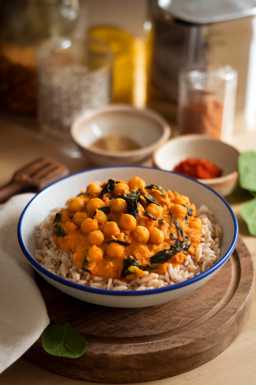 A warmly lit indoor kitchen scene with a bowl of vibrant chickpea curry dotted with spinach leaves, served over brown basmati rice. No text or logos visible.