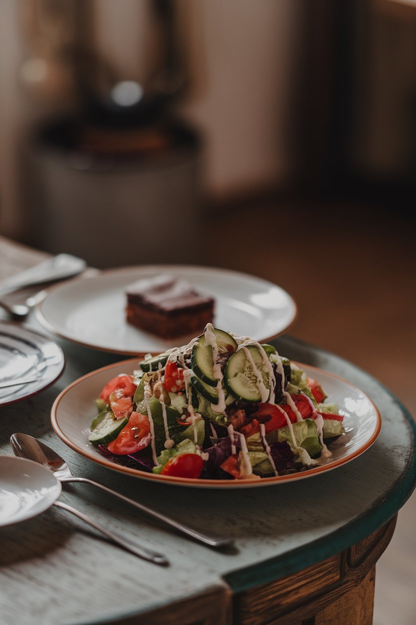 Photo of two plates indoors—one with a vibrant salad (80%) and the other with a small brownie (20%) behind it. Soft dinner lighting, no text or logos.