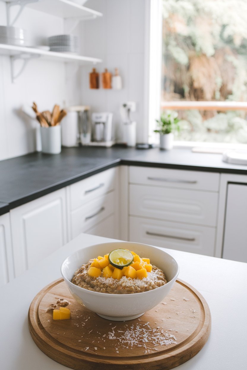Bright indoor kitchen with a bowl of oatmeal topped with diced mango, shredded coconut, and a squeeze of lime. No text or logos. Photo.