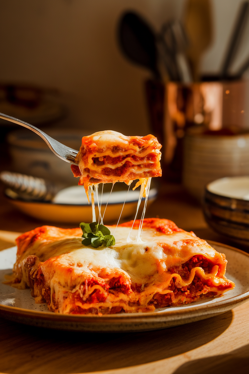 Close-up photo of a fork holding the first bite of lasagna hovered above a plate on a warmly lit kitchen table. No text or branding.