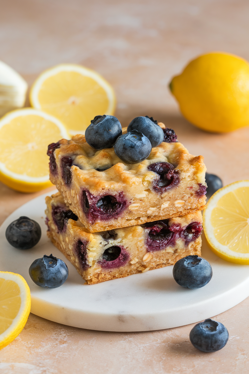 An indoor countertop shot of square lemon blueberry oat bars stacked two high on a marble plate. Photo, no text or logos.