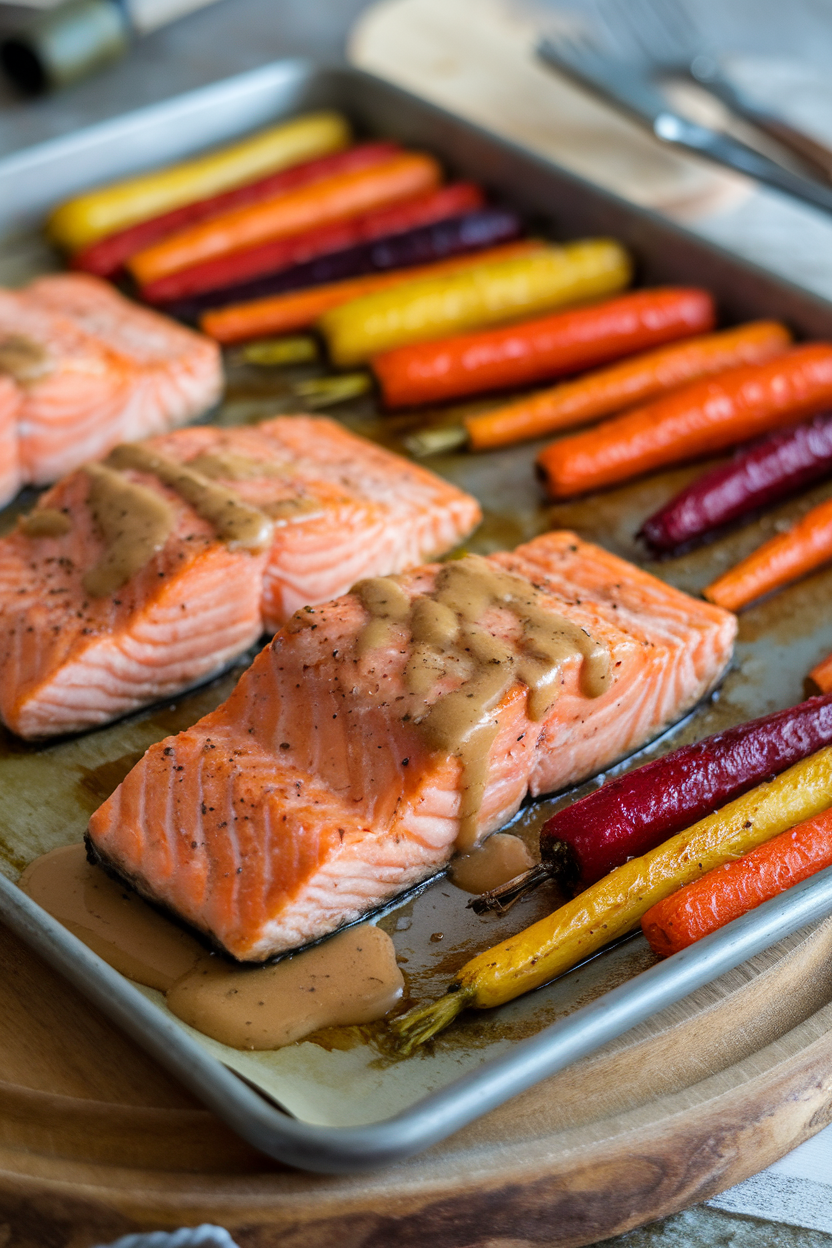 Indoor dining table showing a baking sheet of cooked salmon brushed with maple-dijon glaze, roasted rainbow carrots beside it. No logos or text; photo.