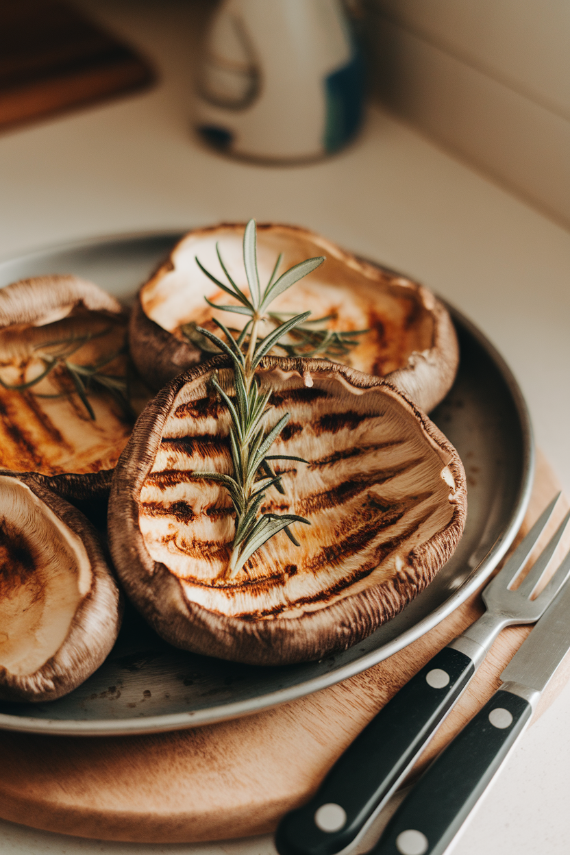Indoor photo of large grilled portobello caps with rosemary sprigs on a serving platter; warm side light, no text or logos
