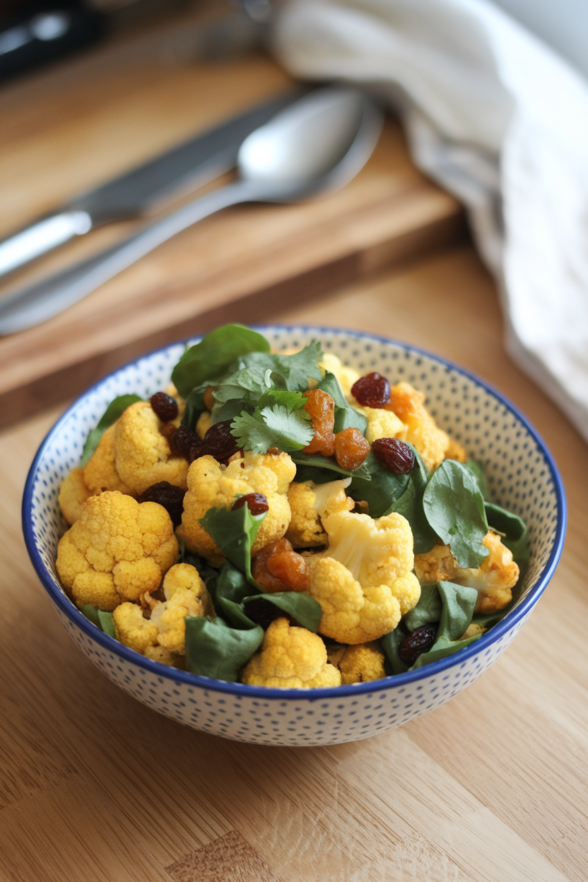 Photo of an indoor countertop with a bowl of roasted curry-spiced cauliflower florets mixed with golden raisins, cilantro, and baby spinach. No text or logos.