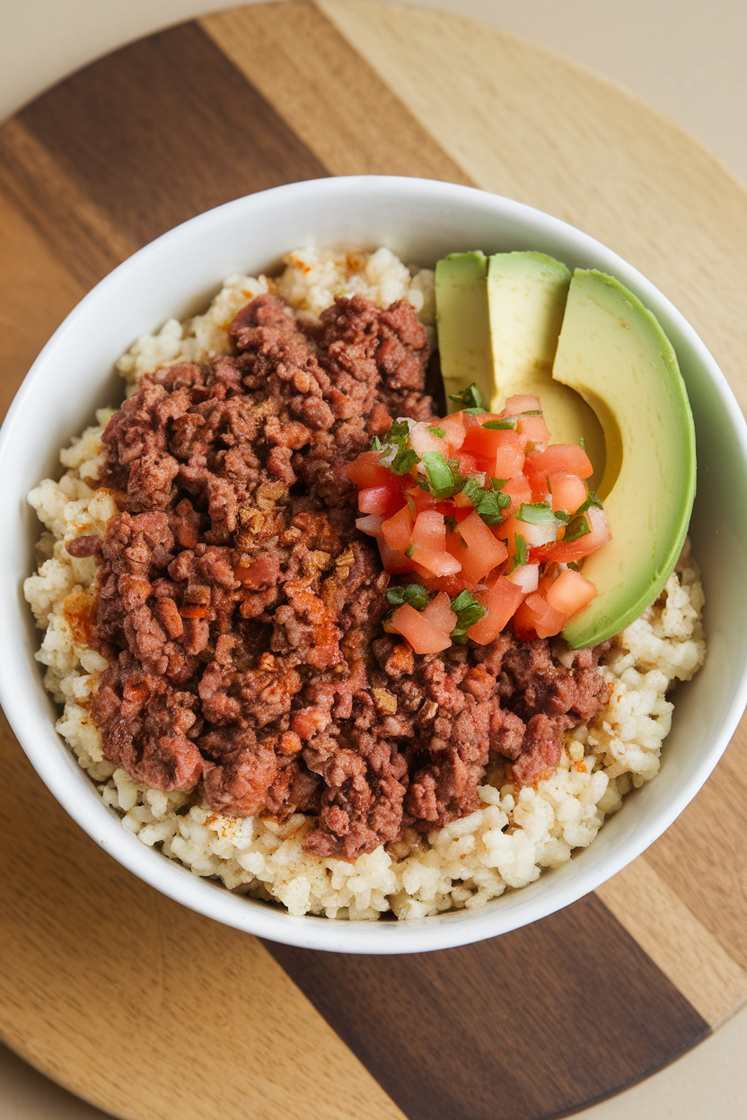 An indoor countertop with a bowl of seasoned ground beef over cauliflower rice, topped with avocado slices and pico de gallo. No text or logos; photo only.