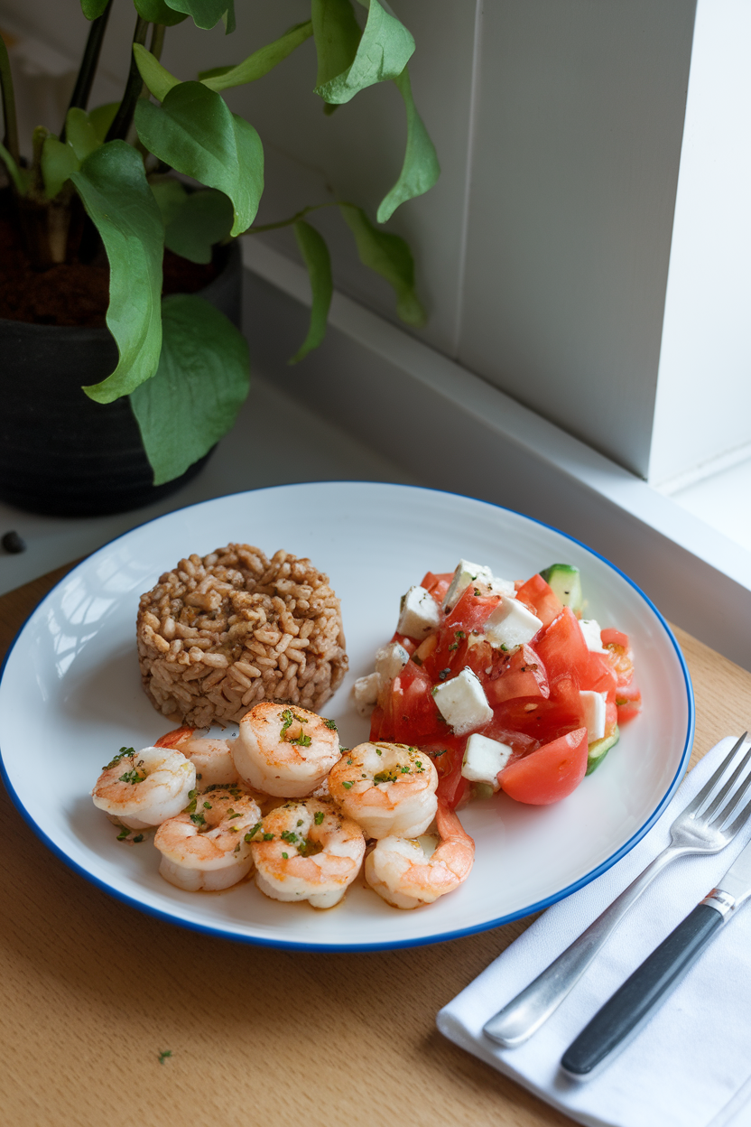 Indoor photo of oregano-garlic shrimp, small mound of whole-wheat orzo, and a tomato-cucumber feta salad on a plate. No text or logos.