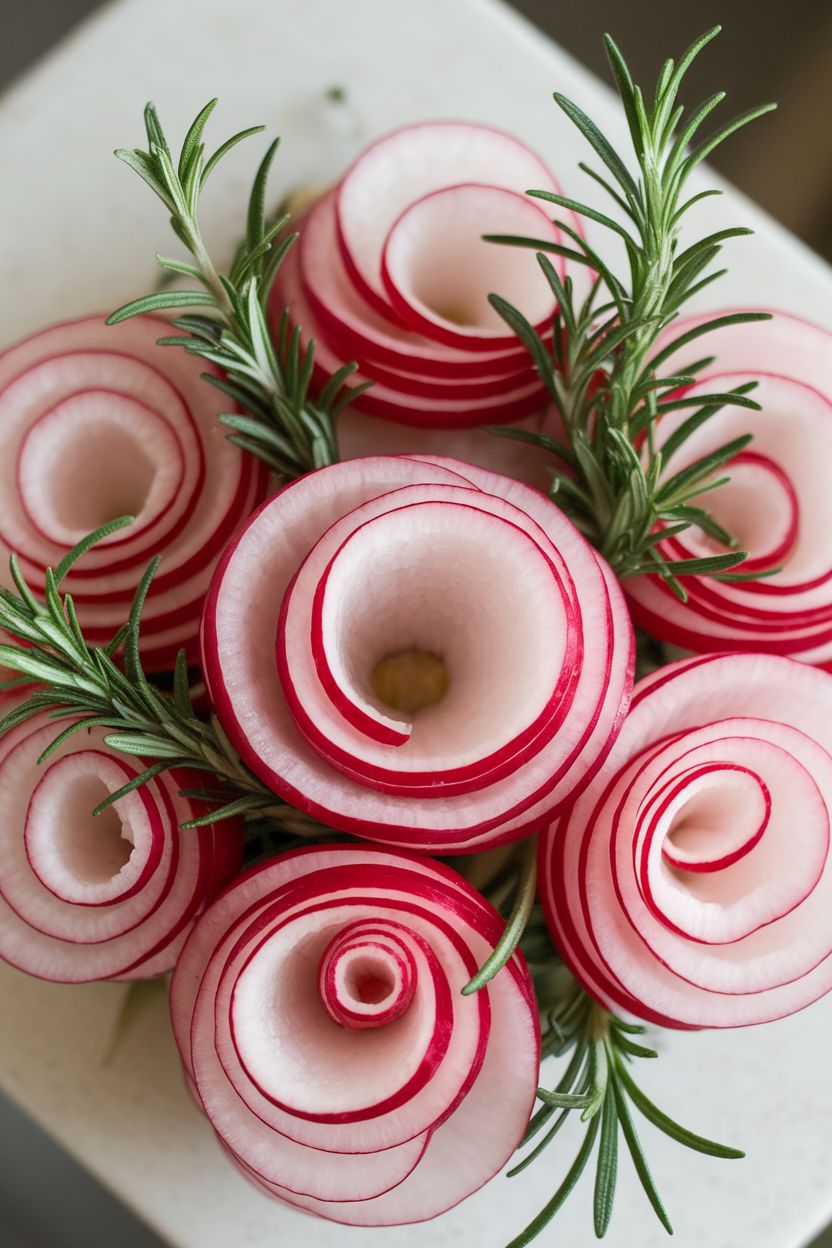 Indoor overhead shot of thinly sliced radish rounds arranged in rose shapes, rosemary sprigs tucked between. Photo only, no text or logos.
