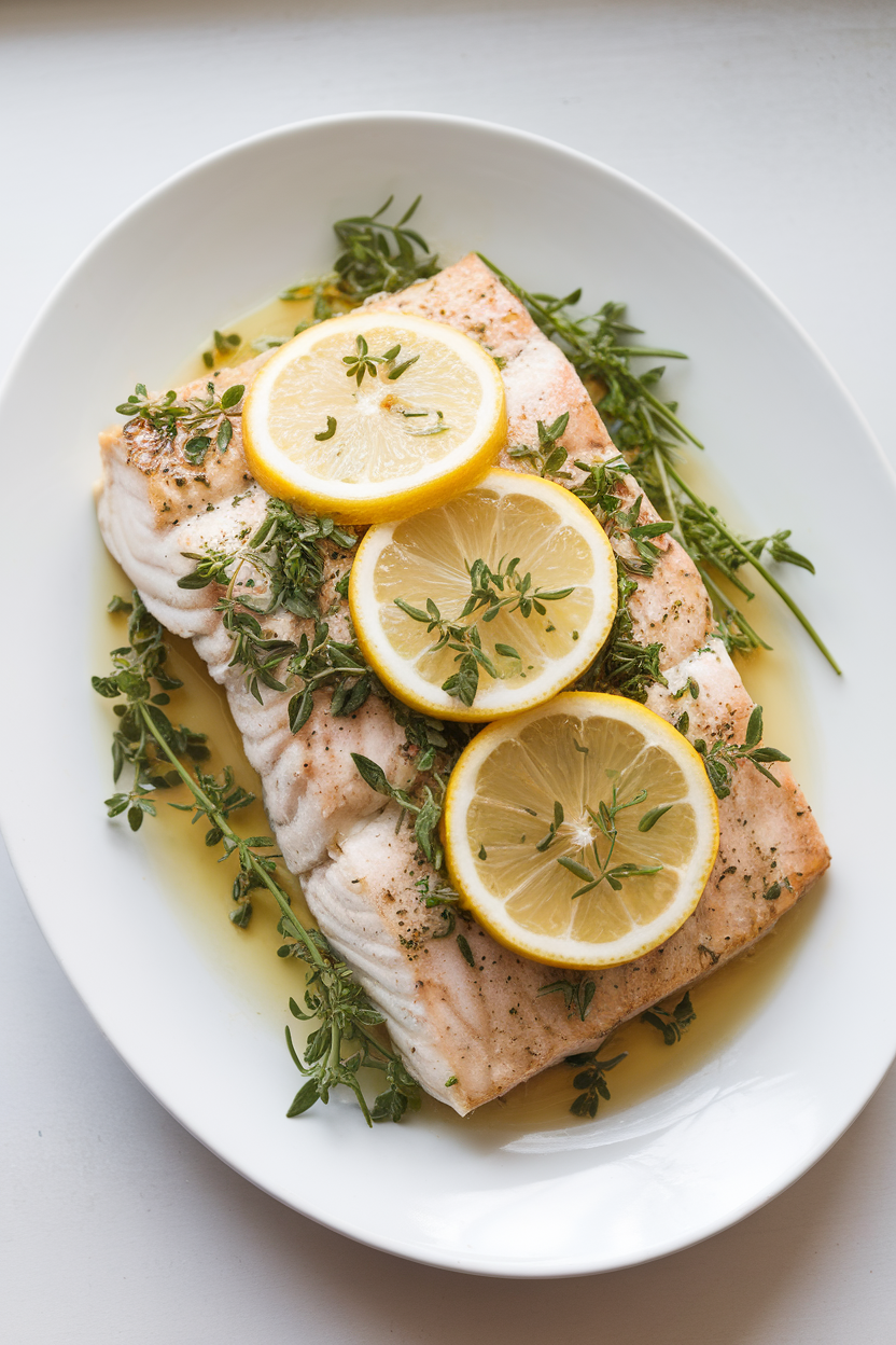 A white indoor plate of baked halibut fillet topped with fresh herbs and thin lemon rounds, fully cooked; no text or logos.