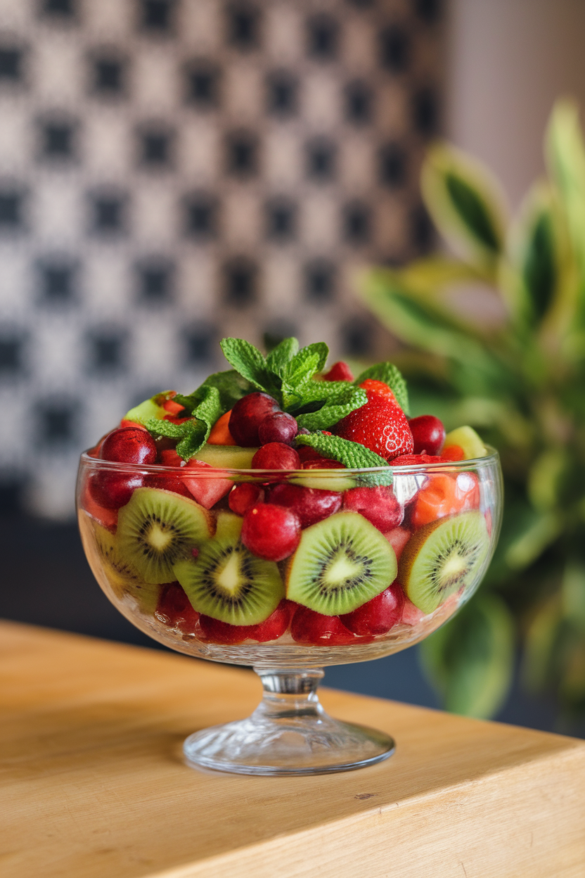 Photo of an indoor glass bowl of mixed red and green fruit—kiwi, strawberries, grapes—tossed with fresh mint leaves. No text or logos visible.