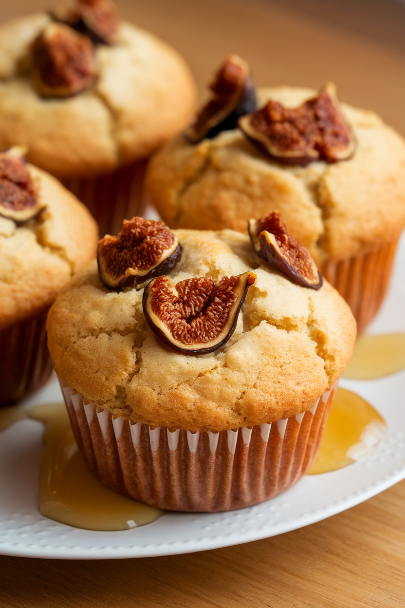 Indoor photo of muffins studded with chopped dried figs, honey drizzle on top, no text or logos