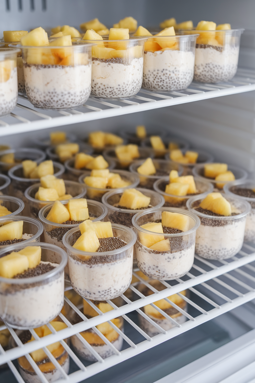 Indoor refrigerator shelf view with small clear cups of low-fat cottage cheese topped with pineapple chunks and a sprinkle of chia seeds. No logos or text present. Photo only.