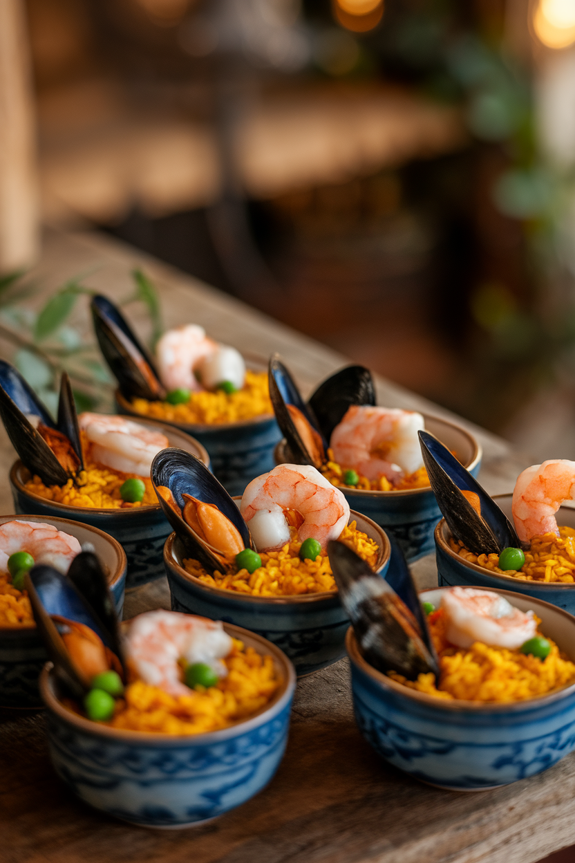 Indoor presentation of small porcelain cups filled with golden saffron rice, pieces of cooked shrimp and mussels, and peas; warm lighting, no logos or text