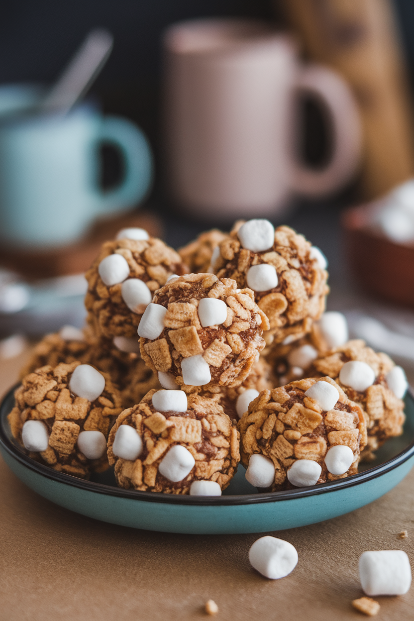 Photo of an indoor campfire-themed plate with s’mores energy balls rolled in crushed graham cereal, mini marshmallow pieces dotted inside. No text or logos.