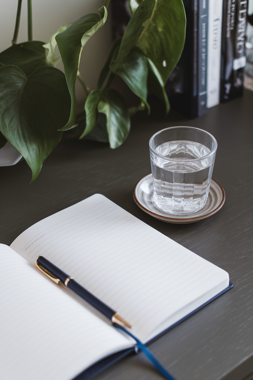 An indoor desk with an open blank notebook, a pen, and a plain glass of water beside it, no logos.