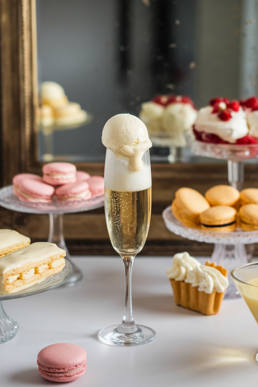 An indoor dessert bar with a flute of Champagne topped by a small scoop of vanilla bean sorbet slowly melting. Photo, not illustration. No text or logos.