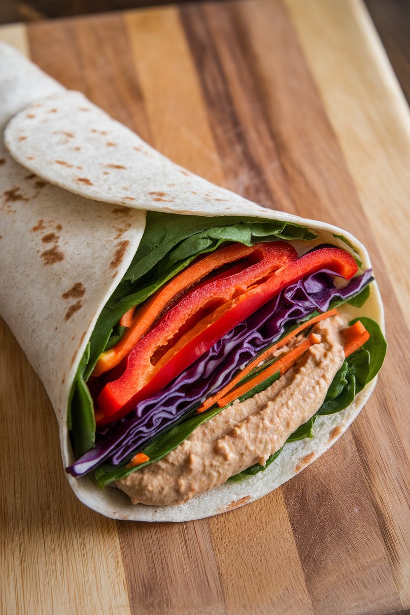 Indoor cutting board displaying a sliced veggie wrap revealing layers of red pepper, carrot, spinach, and purple cabbage over hummus; no text or logos.