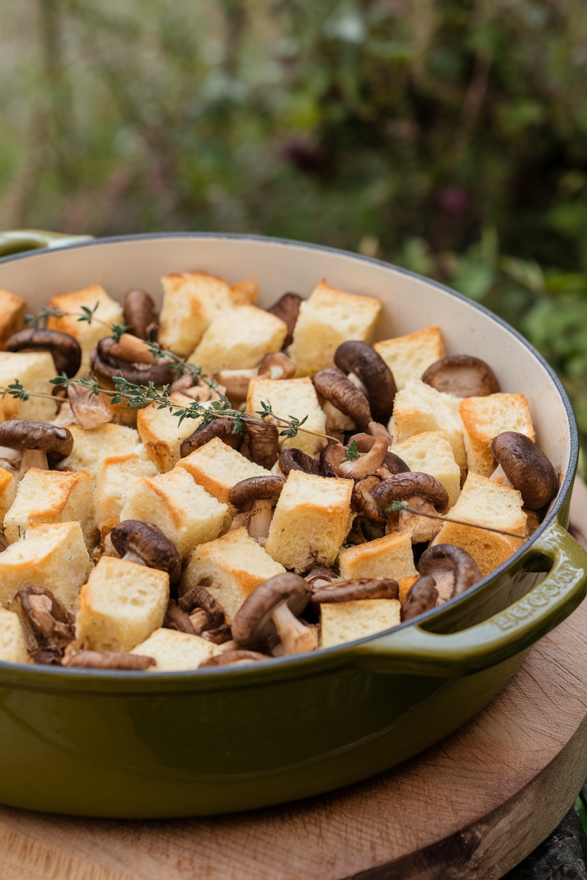 Indoor photo of a casserole of brioche cubes studded with wild mushrooms, thyme sprigs on top, no text or logos.