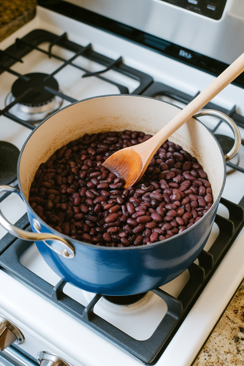 An indoor stovetop with a large pot of cooked black beans cooling, ladle resting inside—photo, no brand markings.