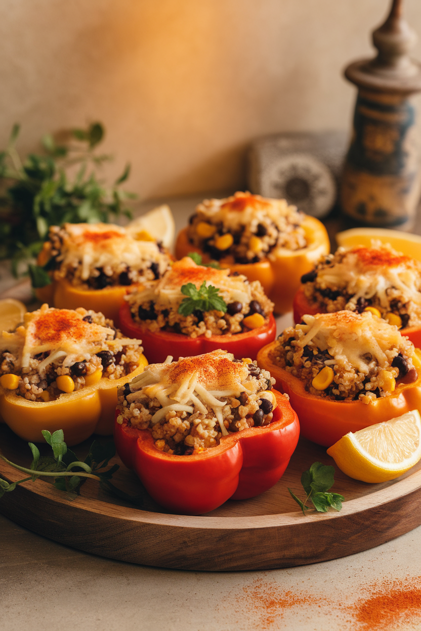 Indoor photo of halved bell peppers filled with quinoa, black beans, corn, and cheese, baked until tops are golden. No text or logos.