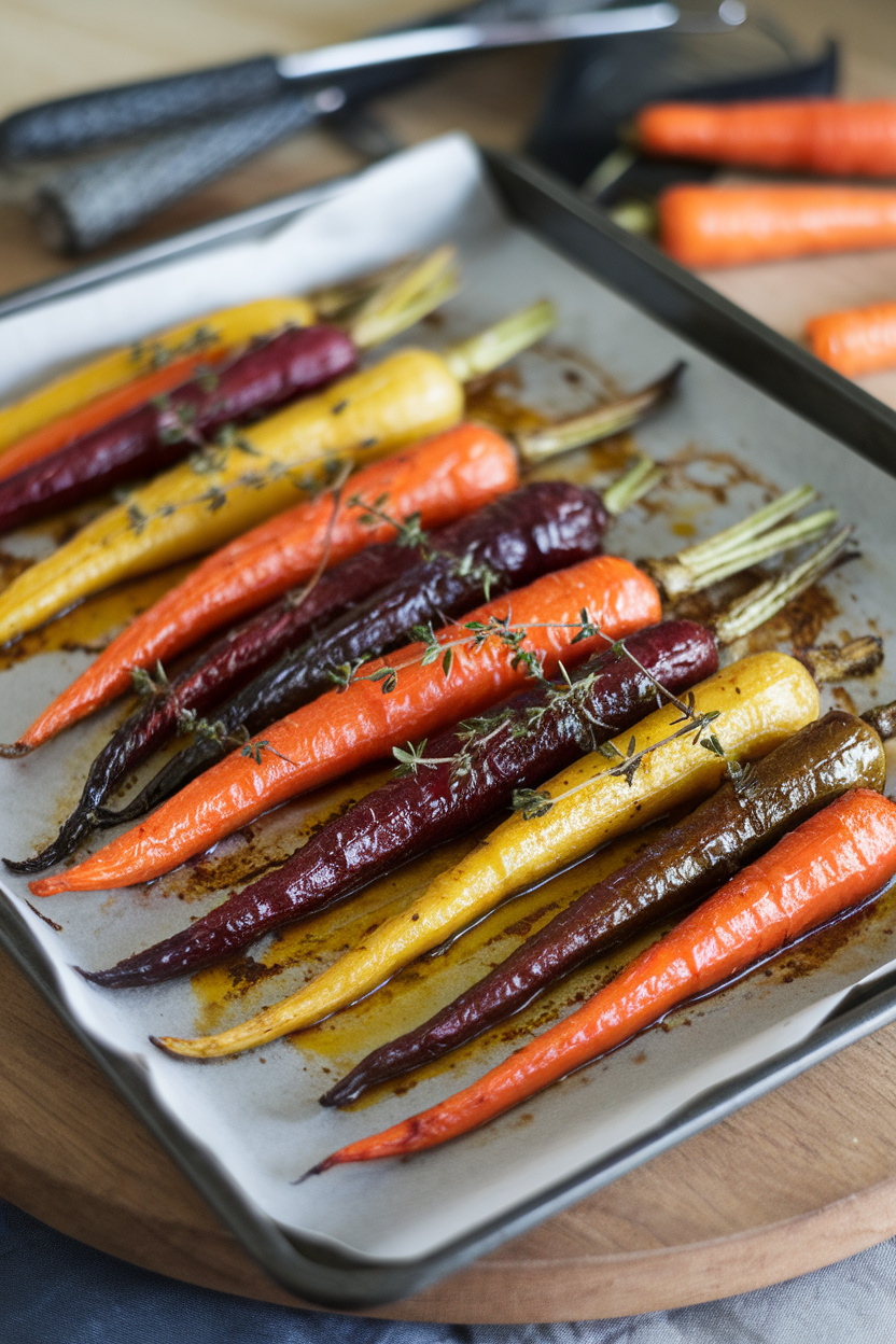 Indoor baking sheet with multicolored roasted carrots glazed in olive oil and thyme, no text or logos