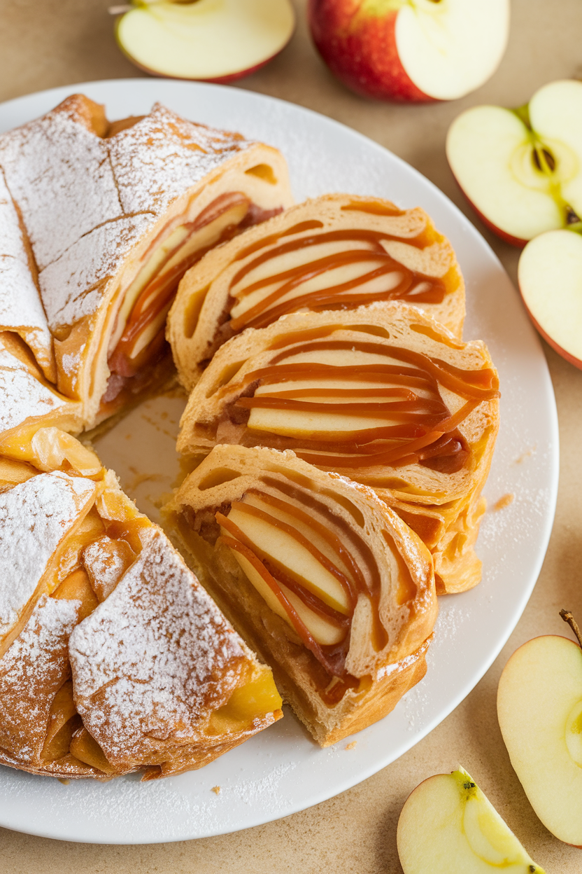 Indoor photo of sliced apple strudel with visible caramel ribbons, flaky pastry shards, powdered sugar dusted lightly, no text or logos