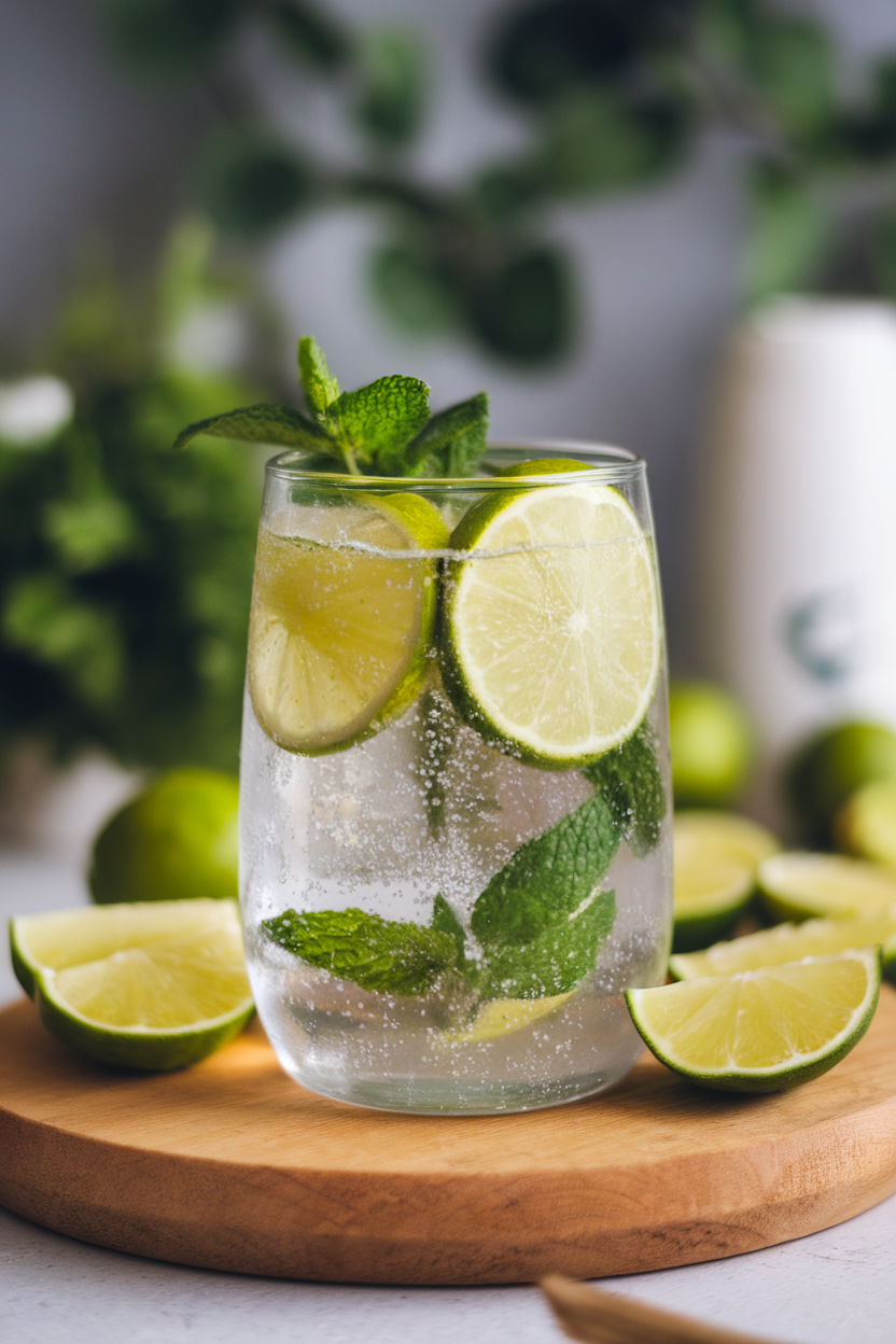 Photo of an indoor glass of sparkling water infused with lime wedges and mint, no text or logos in view.