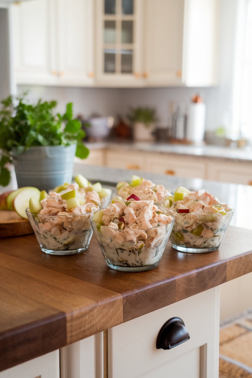 An indoor kitchen island holding small glass bowls of chicken salad made with diced apples, celery, and a creamy Greek yogurt dressing. No text or logos; photo only.