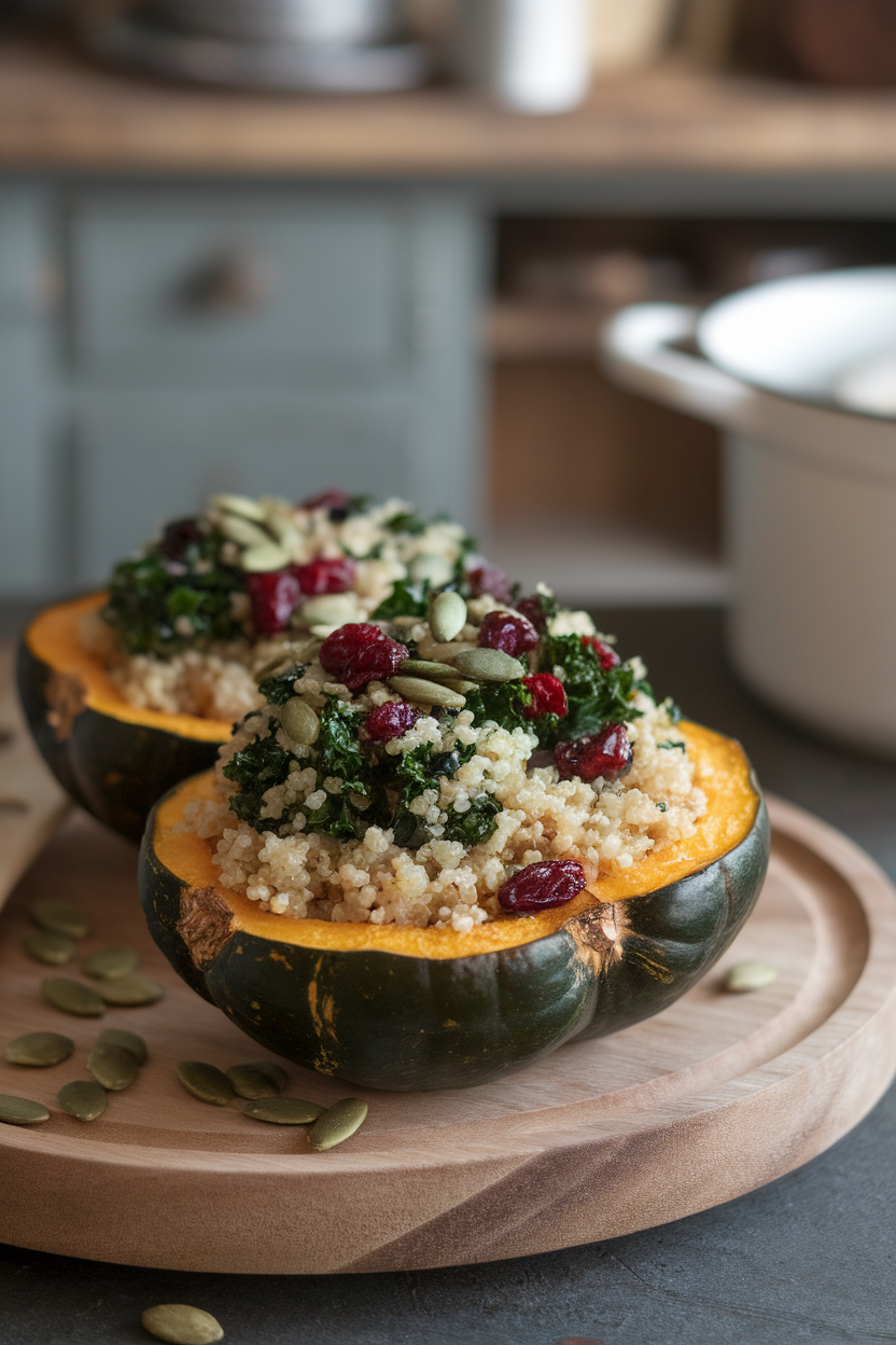 An indoor table featuring halved roasted acorn squash filled with quinoa, sautéed kale, cranberries, and toasted pumpkin seeds. No text or logos visible. Photo.
