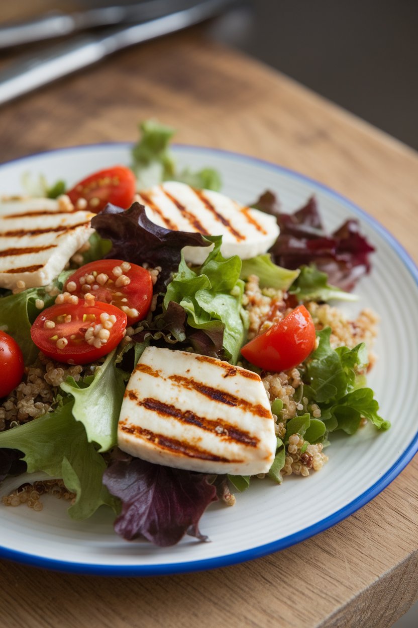 An indoor plate with mixed baby greens, grilled halloumi slices, cherry tomatoes, and quinoa, light vinaigrette sheen visible. No text or logos.
