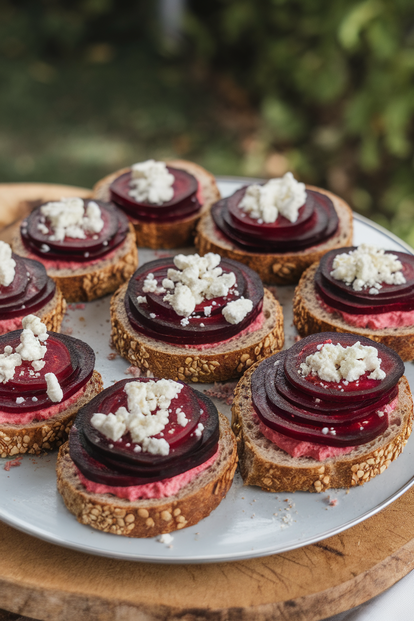 Whole-grain baguette rounds topped with beet slices and goat cheese crumbles on an indoor platter. No text or logos.