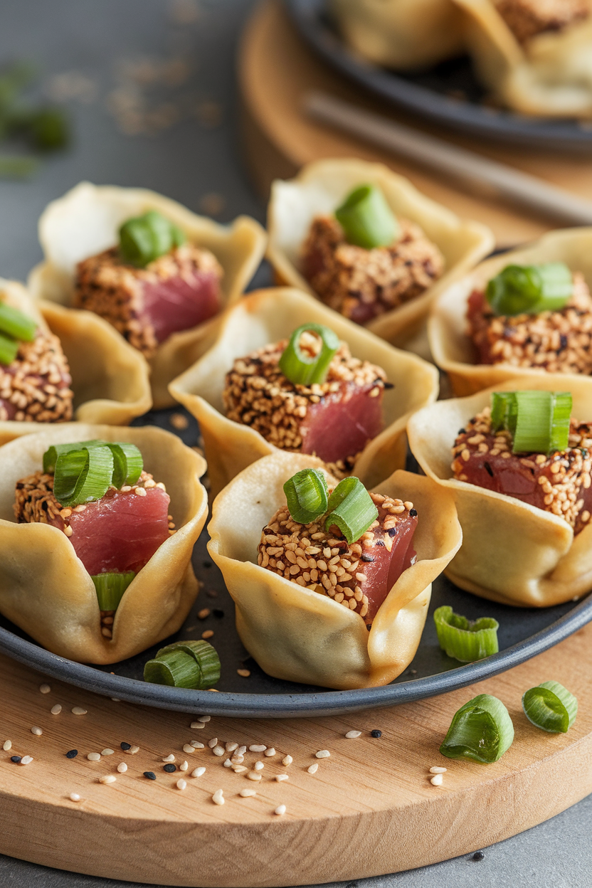 An indoor platter of baked wonton cups holding cooked sesame-crusted tuna cubes, topped with scallions—photo, no text or logos.
