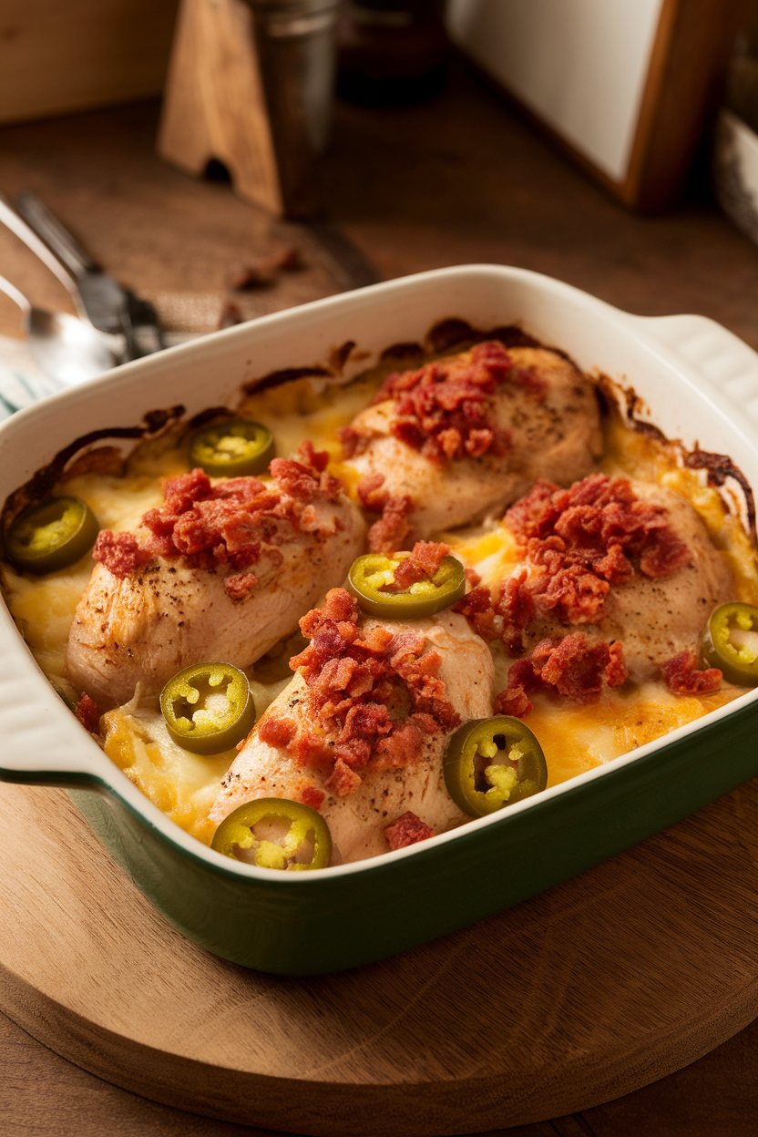 Indoor casserole showing chicken breasts topped with melted cheese, jalapeño slices, and crumbled turkey bacon. No text or logos. Photo, not illustration.