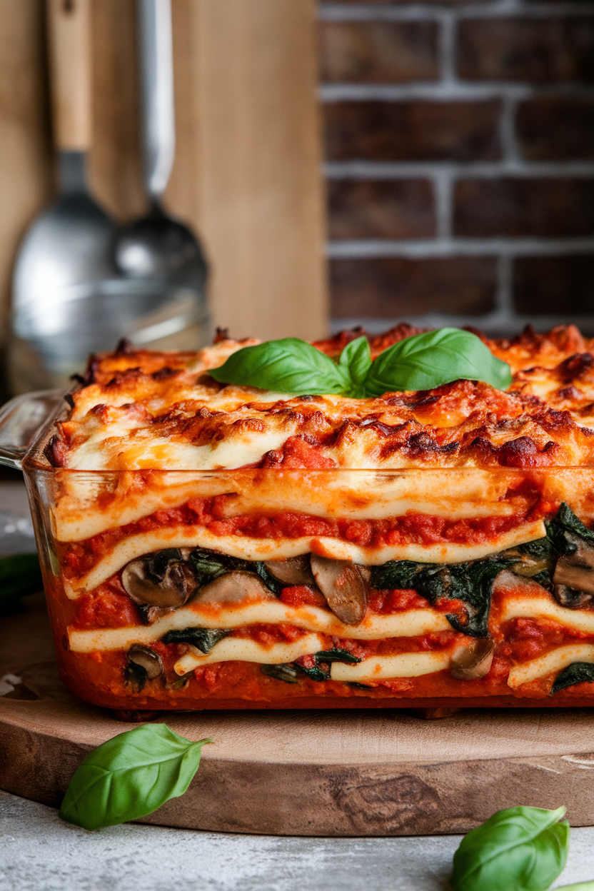 An indoor casserole dish of bubbling vegetarian lasagna, browned cheese on top, photo, no text or logos.