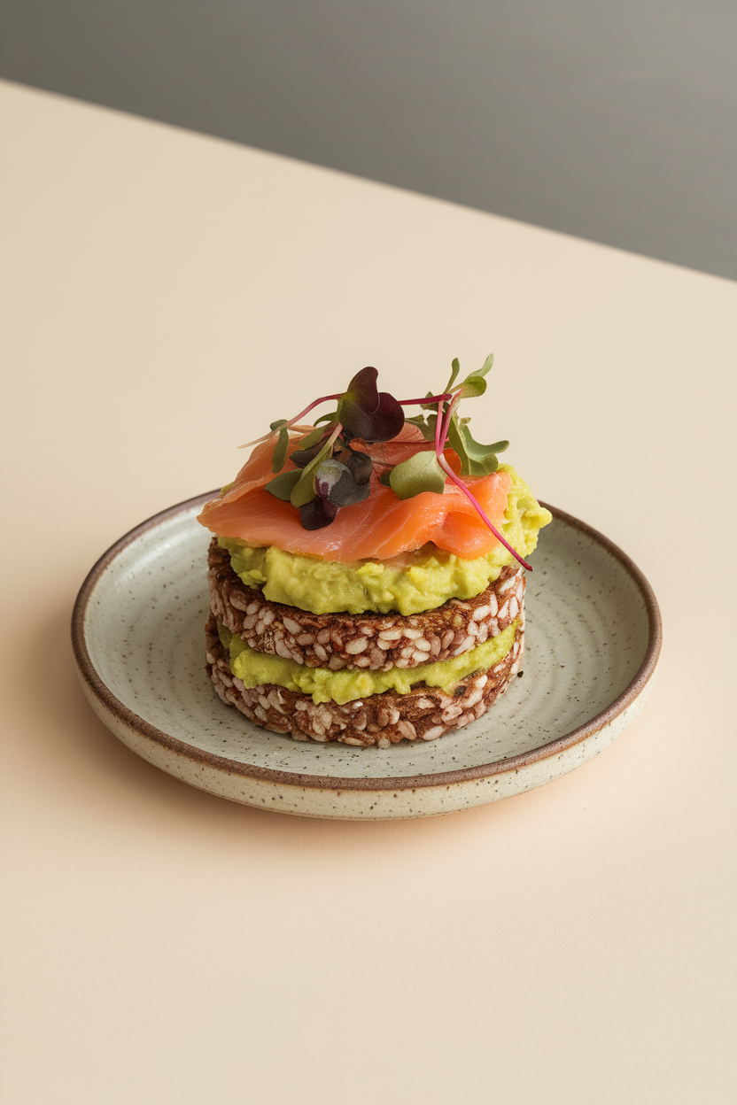 An indoor photo of two brown-rice cakes layered with mashed avocado, smoked salmon, and microgreens on a small ceramic plate. No text or logos.