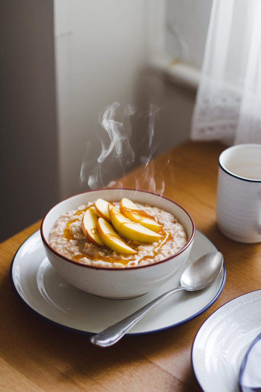 An indoor kitchen table with a steaming bowl of creamy oatmeal topped with sautéed cinnamon apples and a drizzle of honey. No text or logos. Photo, not illustration.