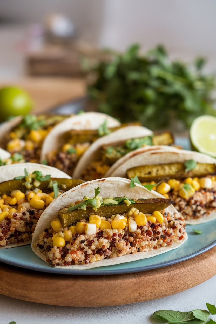 Indoor platter showing tortillas stuffed with tri-color quinoa, sweet corn, and roasted poblano strips, topped with salsa verde, no text or logos.