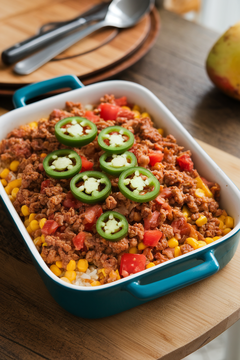 A photo of a casserole on a wooden indoor table containing cauliflower rice sautéed with taco-seasoned ground turkey, corn, and diced tomatoes, topped with sliced jalapeños. No visible branding.