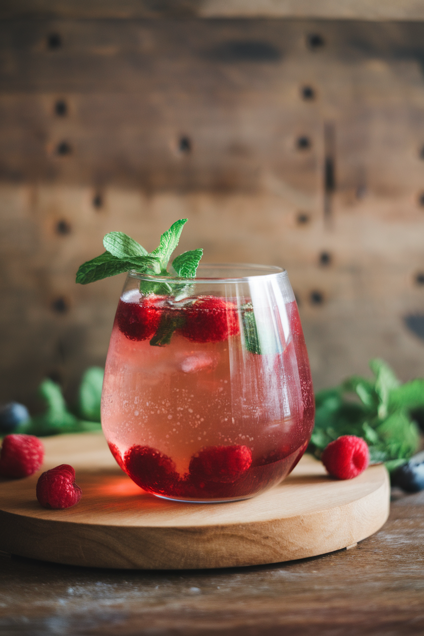 A stemless glass of effervescent red berry kombucha mocktail with floating berries and mint, indoors. No text or logos.