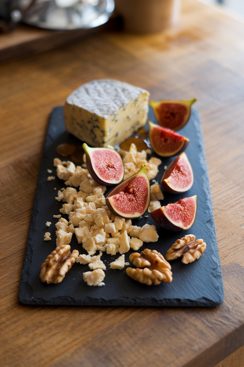 Indoor table shot featuring crumbled Stilton, sliced fresh figs, honey drizzle, and walnut halves on a slate board; no text or logos