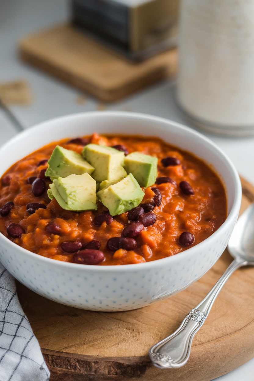 An indoor soup bowl brimming with chunky pumpkin chili, black beans, and fire-roasted tomatoes, topped with avocado cubes. This should be a photo, not an illustration. No text or logos anywhere in the scene.