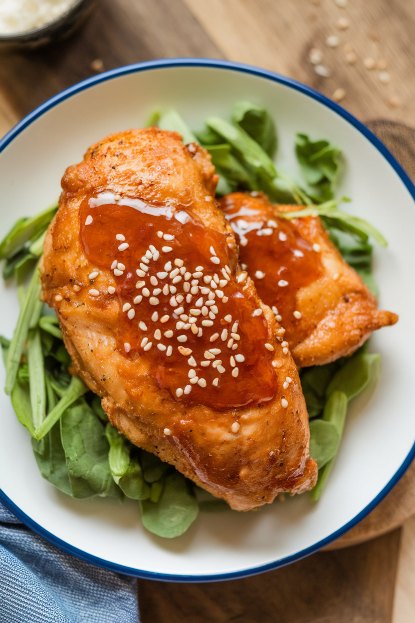 Indoor plate featuring air-fried chicken breast brushed with glossy honey-sriracha glaze, sprinkled with sesame seeds, overhead shot. No text or logos.