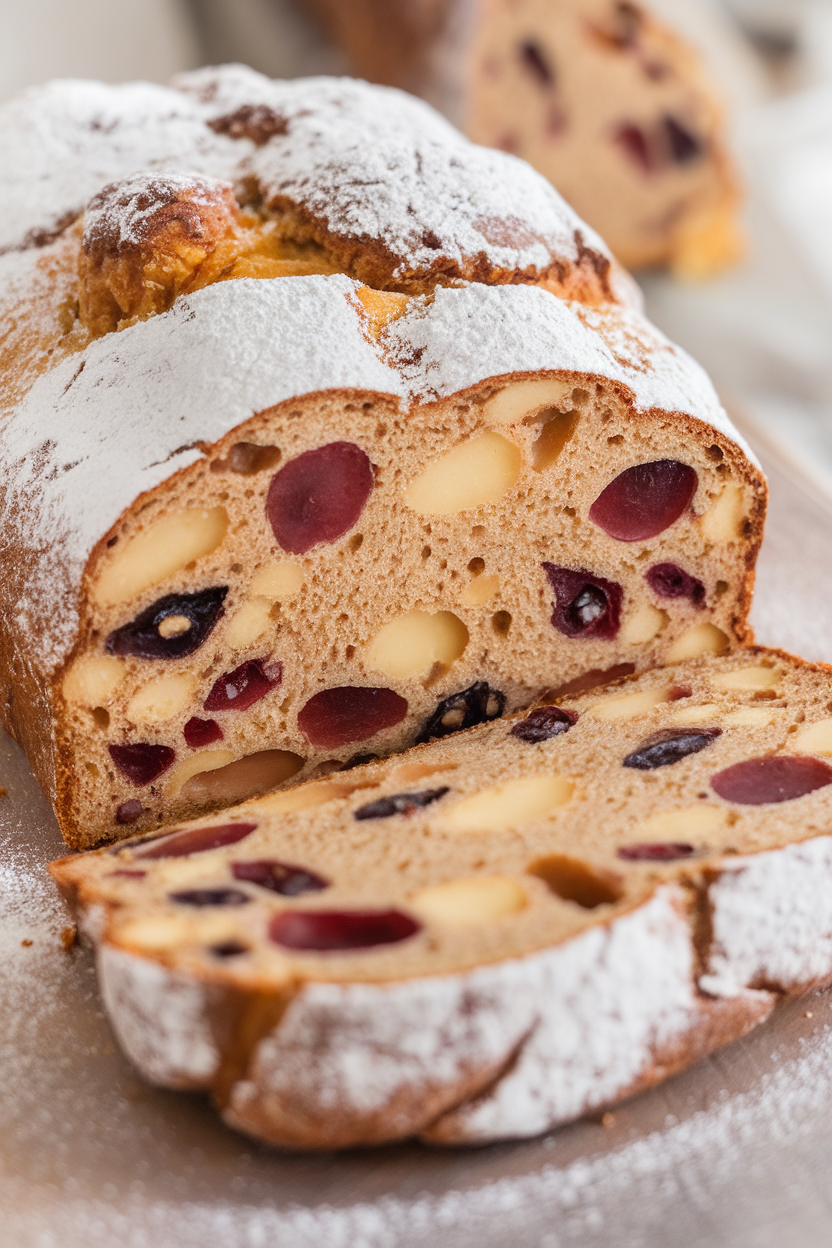 Indoor bakery-style photo of a loaf of powdered sugar-dusted stollen sliced to reveal marzipan and jewel-like dried fruit inside; no text or logos.