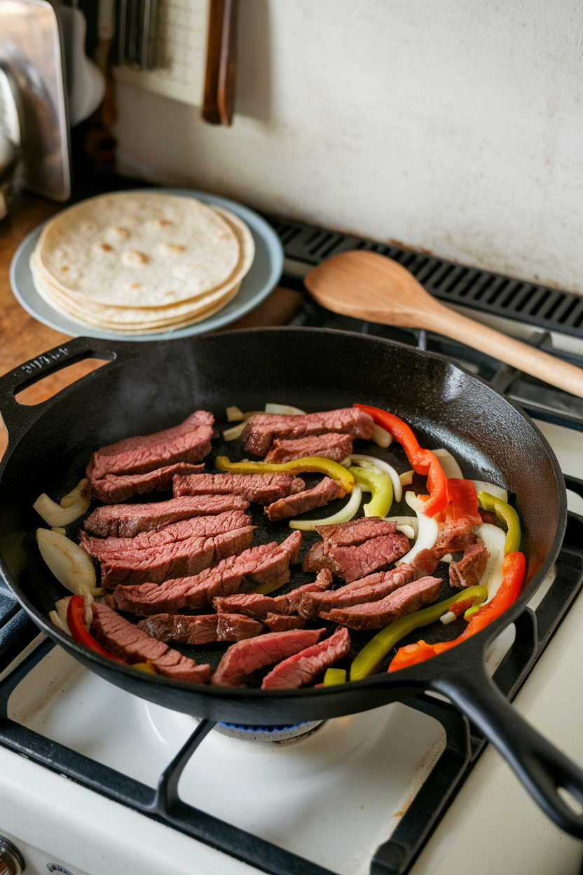 Indoor cast-iron skillet holding sizzling strips of skirt steak, onions, and bell peppers, tortillas stacked nearby. No branding. Photo only.