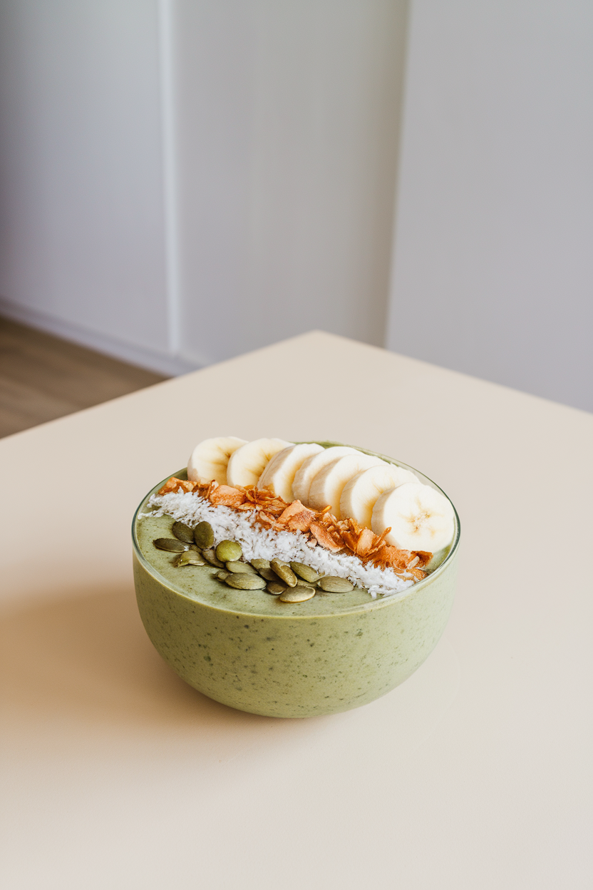 An indoor table showcasing a bowl of thick green smoothie topped with sliced banana, toasted coconut flakes, and pumpkin seeds arranged neatly. No text or logos in sight.
