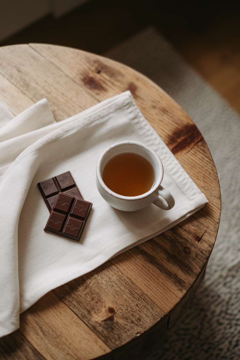 Photo prompt: An indoor coffee table with two squares of 70% dark chocolate beside a cup of herbal tea, soft lighting, no logos.