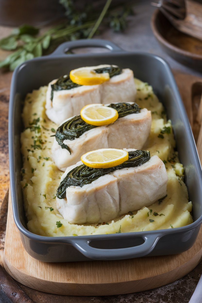 An indoor baking dish showing rolled cod fillets stuffed with sautéed spinach, topped with a squeeze of lemon. No logos or text.