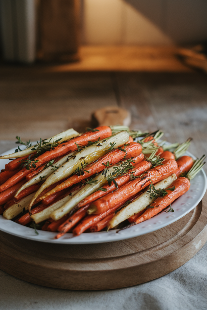 A white platter of roasted carrot and parsnip sticks drizzled with olive oil and herbs, indoors under warm light. No text or logos.